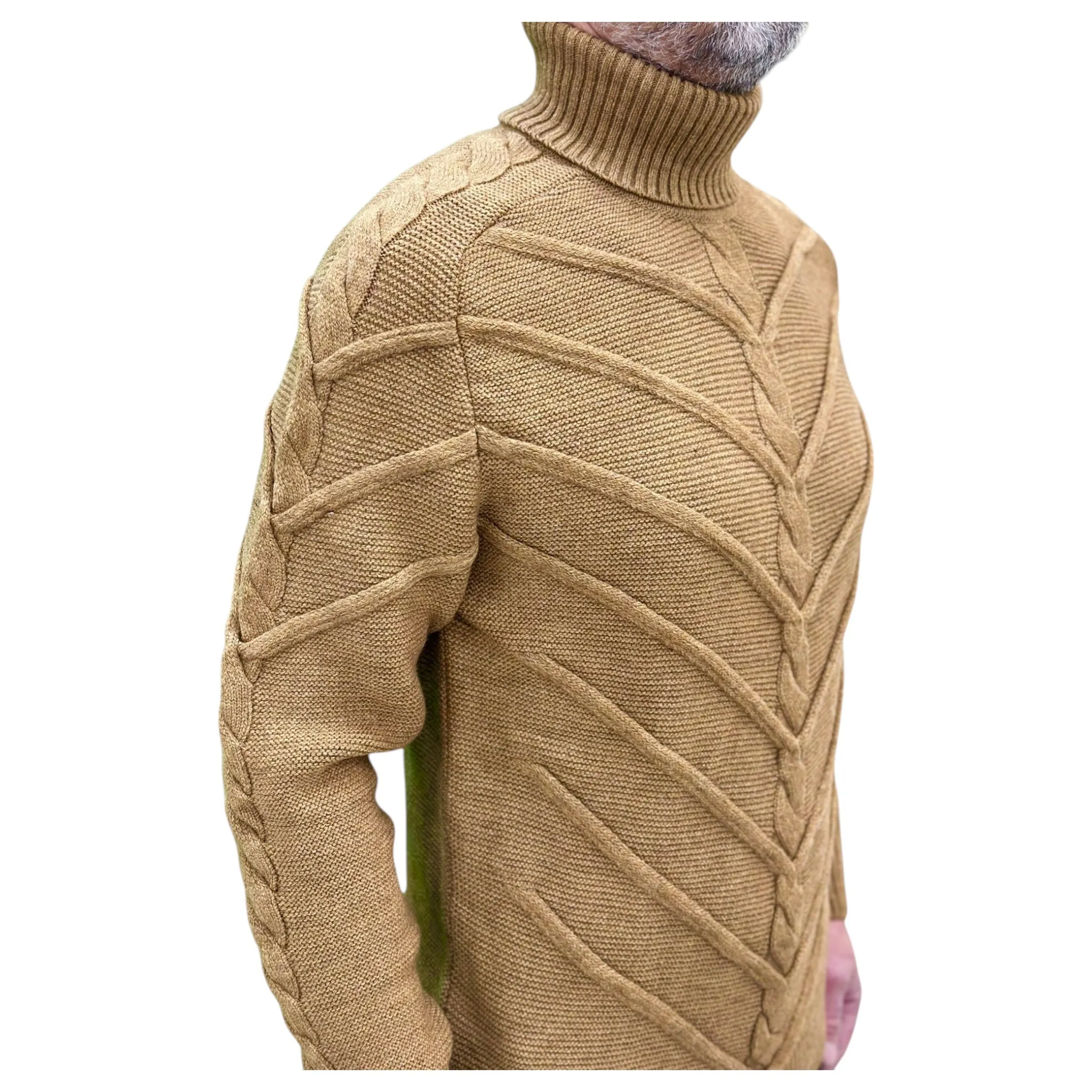 Dark Beige  Men's Chunky Turtleneck Sweater -100% Real  Wool