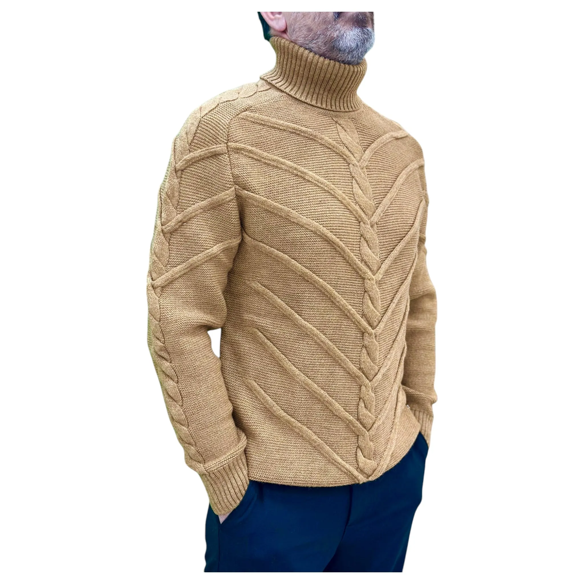 Dark Beige  Men's Chunky Turtleneck Sweater -100% Real  Wool