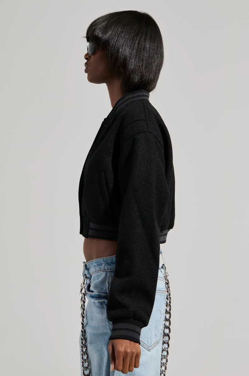DAVIS EVERYDAY CROPPED VARSITY BOMBER IN BLACK