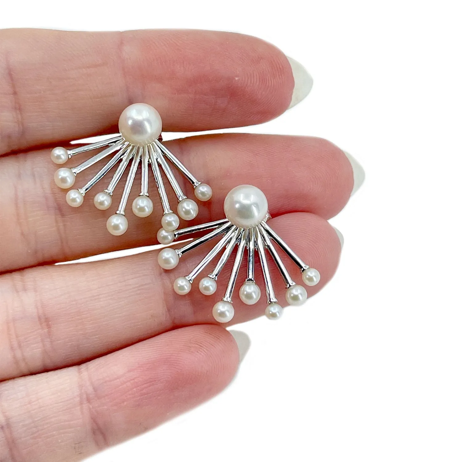 Deco Style Ear Climber Jacket Akoya Saltwater Cultured Pearl Pierced Stud Earrings- Sterling Silver