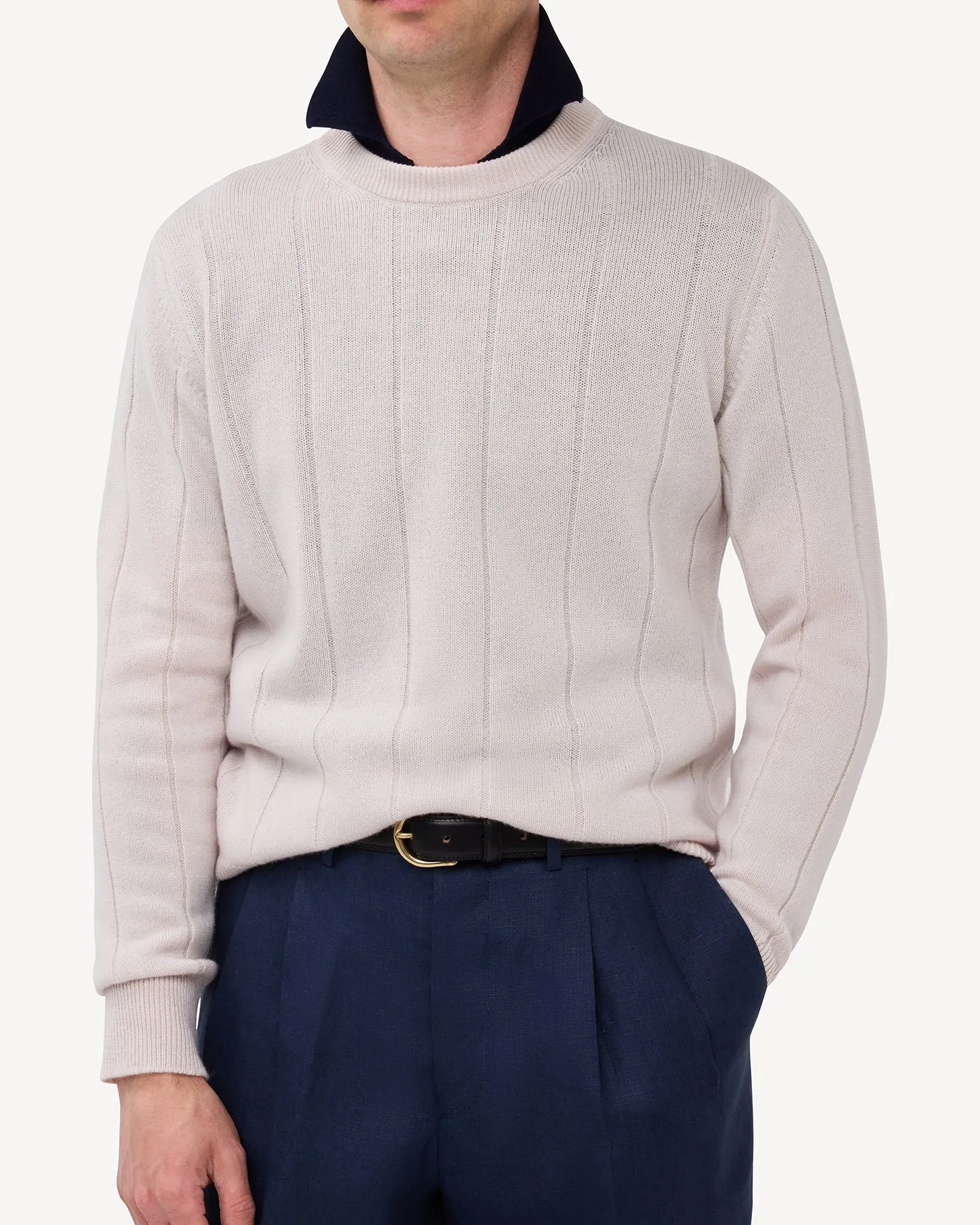 Ecru Cashmere Cotton Wide Rib Crew Neck