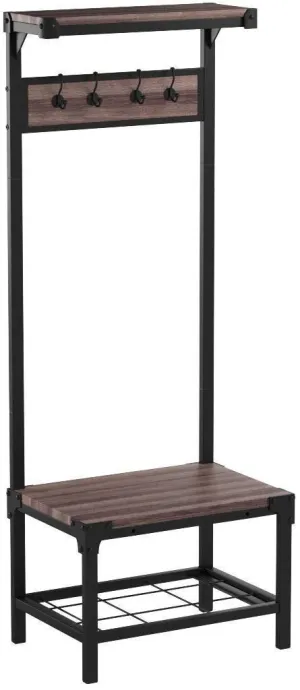 eHomeProducts Reclaimed Oak Industrial Look Entryway Shoe Bench with Coat Rack Hall Tree Storage Organizer 8 Hooks in Black Metal Finish