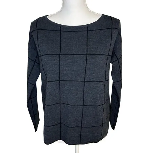 Eileen Fisher boxy window pane merino wool blend long sleeve sweater size SP