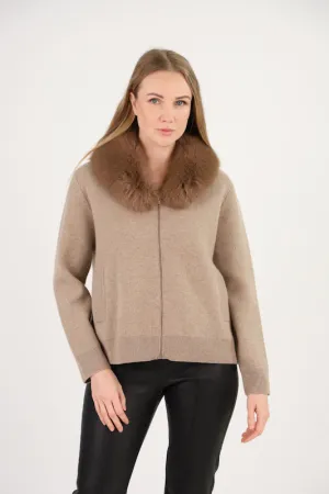 Estheme Zip Up Sweater with Faux Fur Collar - Taupe