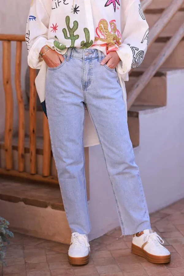 Extra light Wash Cropped Jeans with Fringe Cuff