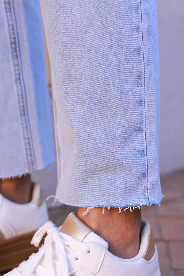 Extra light Wash Cropped Jeans with Fringe Cuff
