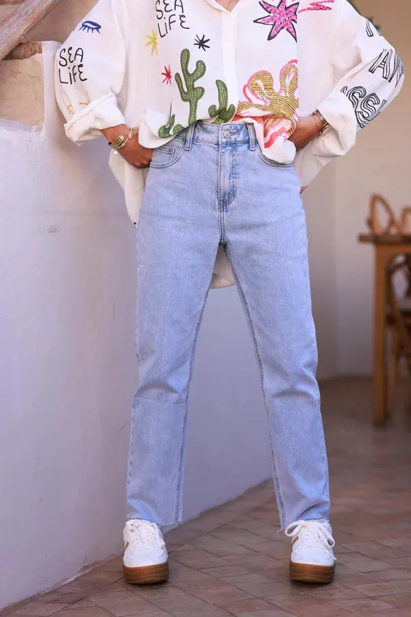 Extra light Wash Cropped Jeans with Fringe Cuff