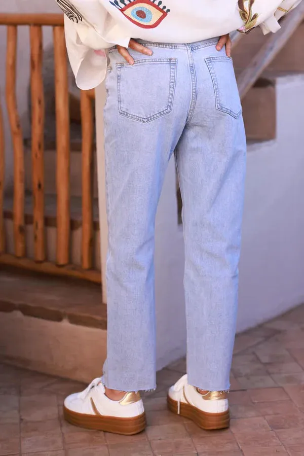 Extra light Wash Cropped Jeans with Fringe Cuff