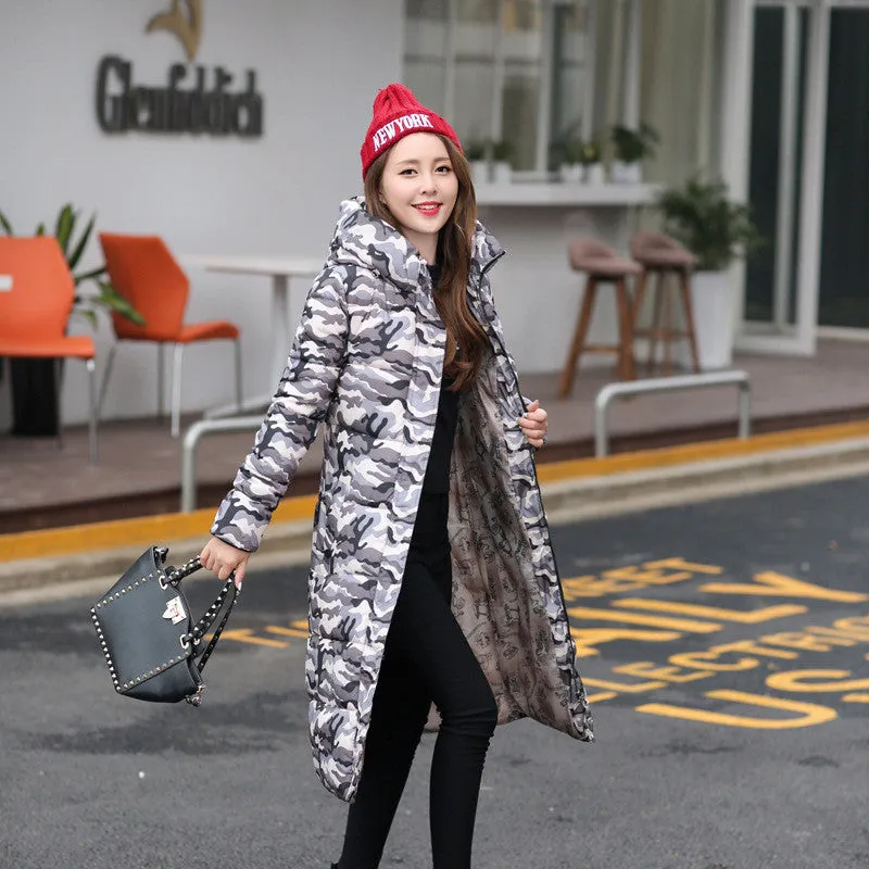 Fashion Cotton Padded Jacket Women Slim Thick Stars Print Female Coat Parka Warm Long Jackets Ladies Overcoat