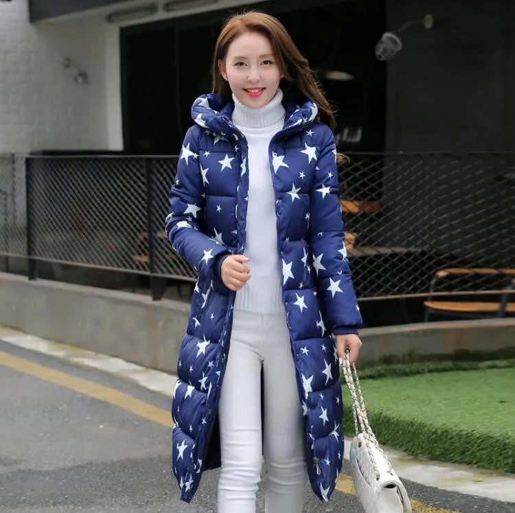 Fashion Cotton Padded Jacket Women Slim Thick Stars Print Female Coat Parka Warm Long Jackets Ladies Overcoat