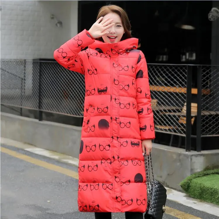 Fashion Cotton Padded Jacket Women Slim Thick Stars Print Female Coat Parka Warm Long Jackets Ladies Overcoat