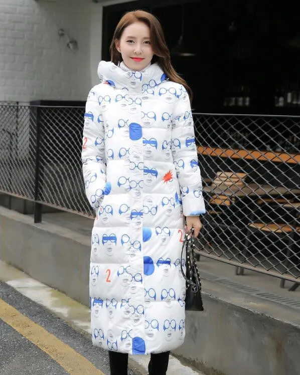 Fashion Cotton Padded Jacket Women Slim Thick Stars Print Female Coat Parka Warm Long Jackets Ladies Overcoat