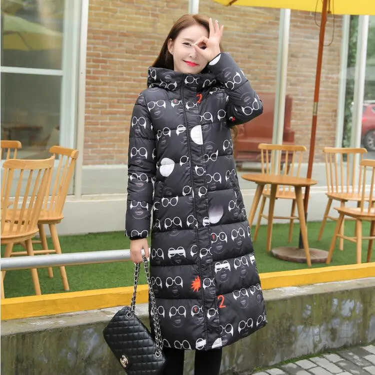 Fashion Cotton Padded Jacket Women Slim Thick Stars Print Female Coat Parka Warm Long Jackets Ladies Overcoat