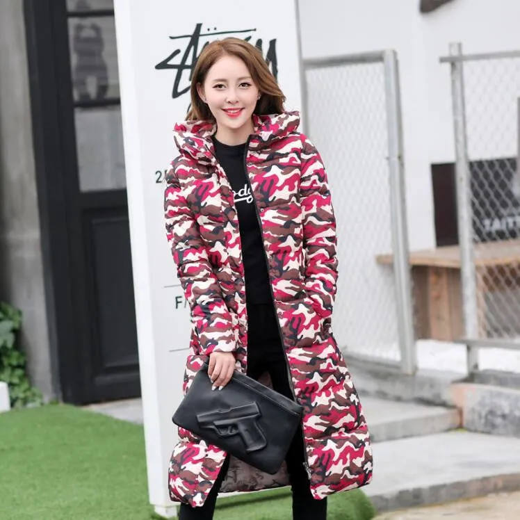 Fashion Cotton Padded Jacket Women Slim Thick Stars Print Female Coat Parka Warm Long Jackets Ladies Overcoat