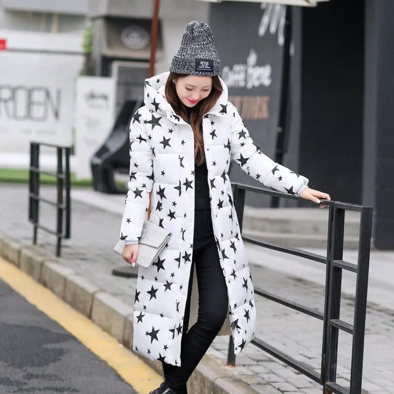 Fashion Cotton Padded Jacket Women Slim Thick Stars Print Female Coat Parka Warm Long Jackets Ladies Overcoat