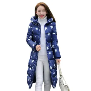 Fashion Cotton Padded Jacket Women Slim Thick Stars Print Female Coat Parka Warm Long Jackets Ladies Overcoat