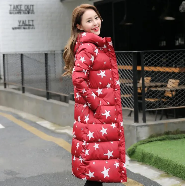 Fashion Cotton Padded Jacket Women Slim Thick Stars Print Female Coat Parka Warm Long Jackets Ladies Overcoat