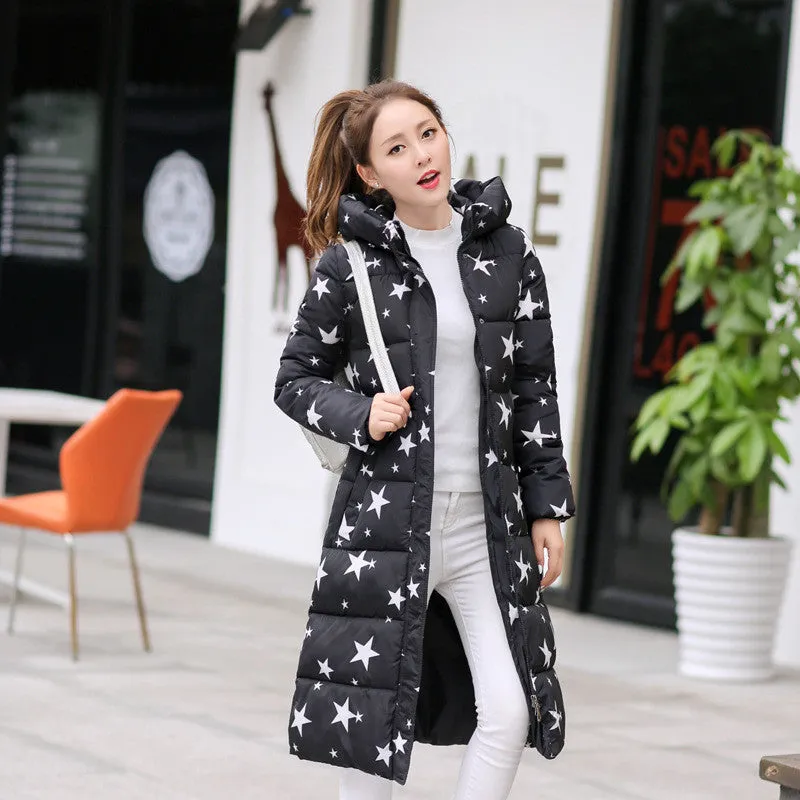 Fashion Cotton Padded Jacket Women Slim Thick Stars Print Female Coat Parka Warm Long Jackets Ladies Overcoat