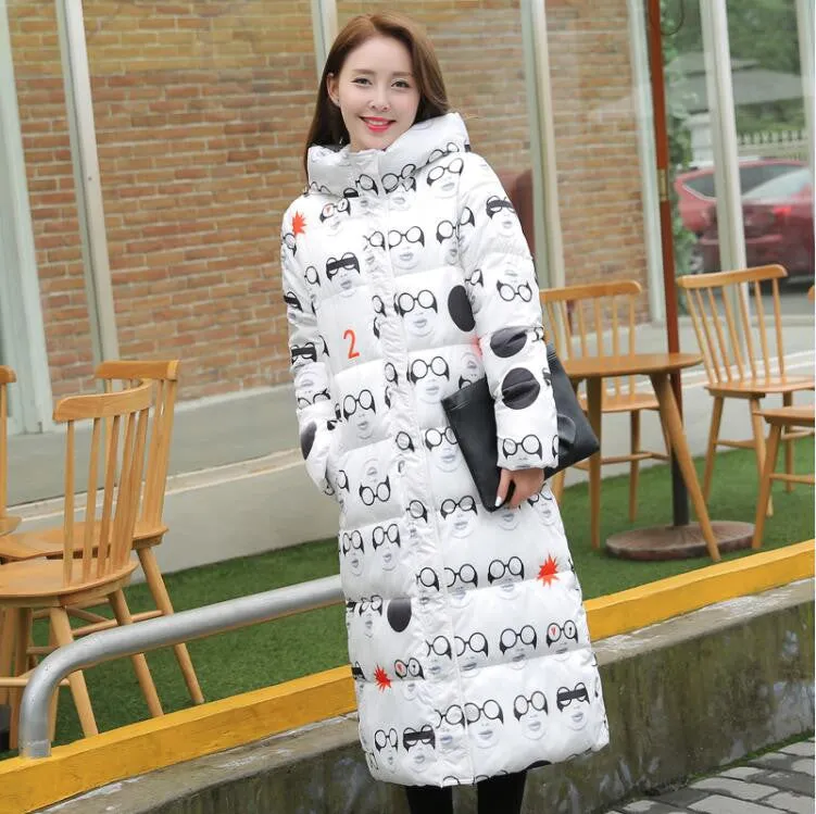 Fashion Cotton Padded Jacket Women Slim Thick Stars Print Female Coat Parka Warm Long Jackets Ladies Overcoat