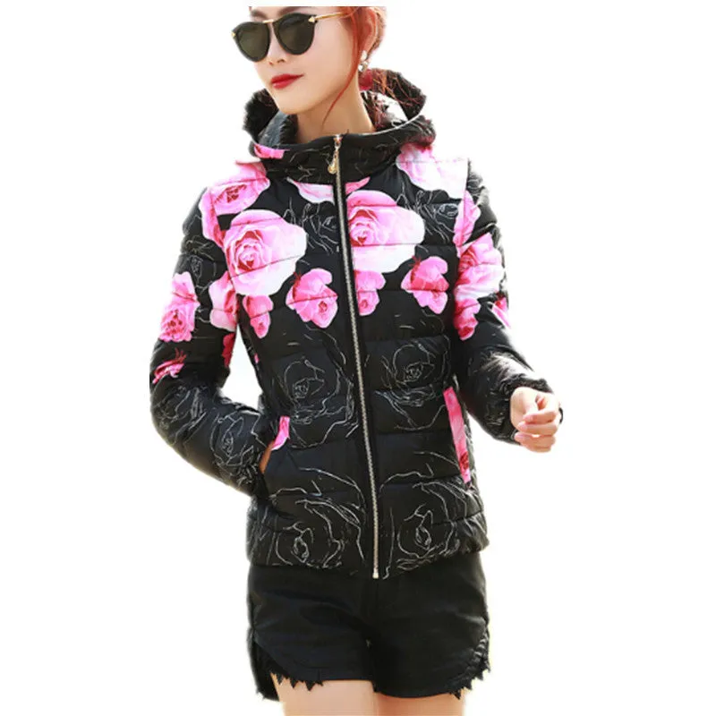 Fashion Women Winter Coat Long Sleeve Print Floral Hooded Slim Winter Parka Plus Size Cotton-Padded Jackets QH197