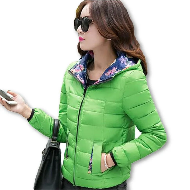 Fashion Women Winter Coat Long Sleeve Print Floral Hooded Slim Winter Parka Plus Size Cotton-Padded Jackets QH197