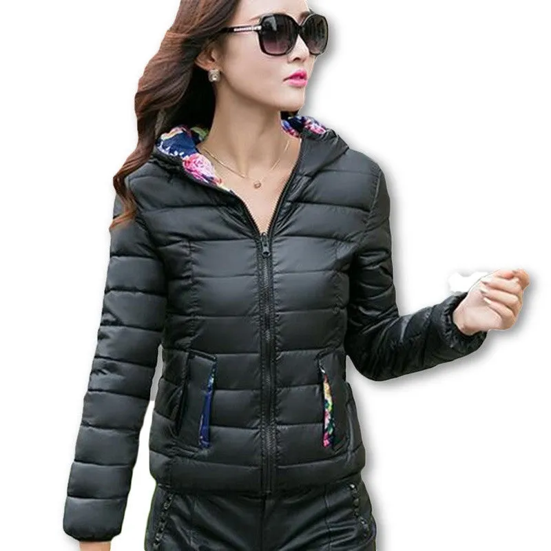 Fashion Women Winter Coat Long Sleeve Print Floral Hooded Slim Winter Parka Plus Size Cotton-Padded Jackets QH197
