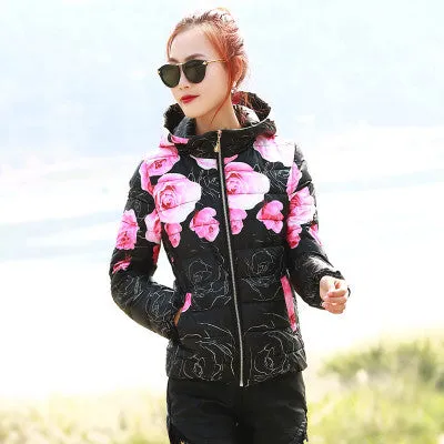 Fashion Women Winter Coat Long Sleeve Print Floral Hooded Slim Winter Parka Plus Size Cotton-Padded Jackets QH197