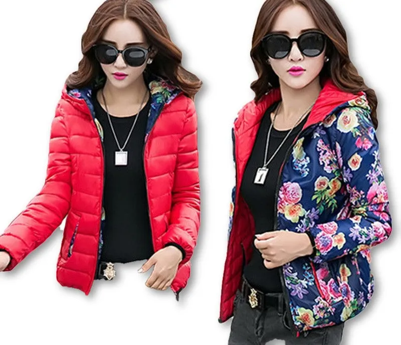 Fashion Women Winter Coat Long Sleeve Print Floral Hooded Slim Winter Parka Plus Size Cotton-Padded Jackets QH197