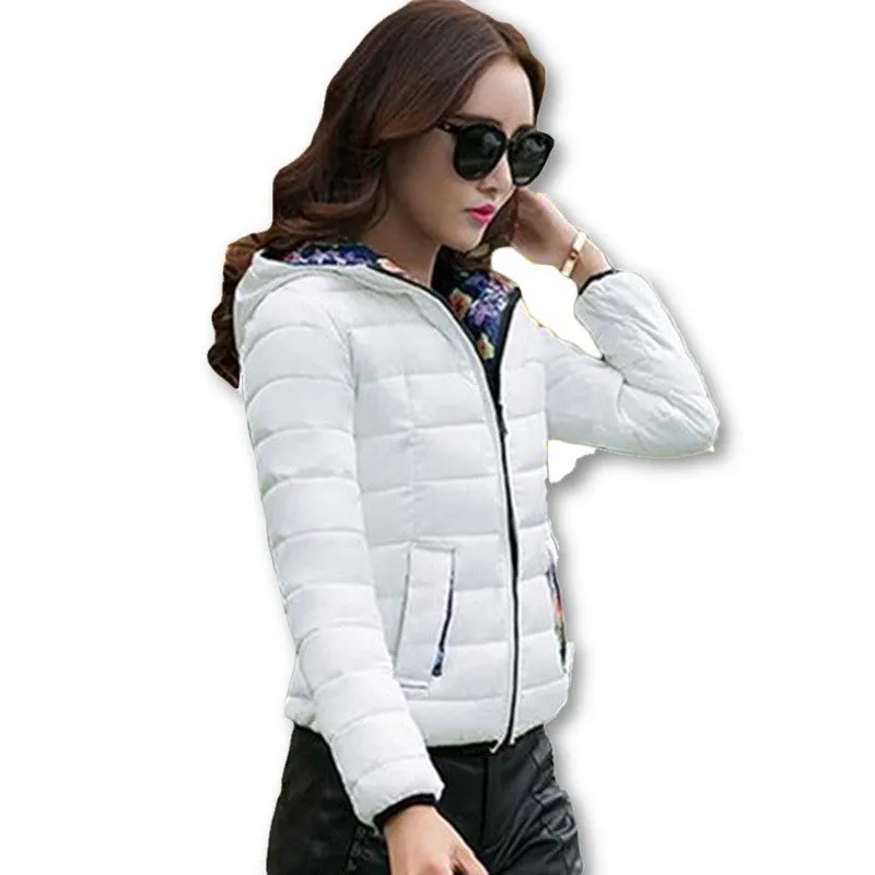 Fashion Women Winter Coat Long Sleeve Print Floral Hooded Slim Winter Parka Plus Size Cotton-Padded Jackets QH197