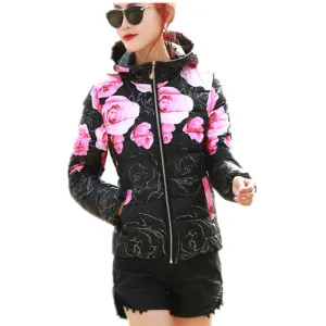 Fashion Women Winter Coat Long Sleeve Print Floral Hooded Slim Winter Parka Plus Size Cotton-Padded Jackets QH197