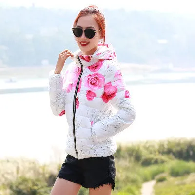 Fashion Women Winter Coat Long Sleeve Print Floral Hooded Slim Winter Parka Plus Size Cotton-Padded Jackets QH197