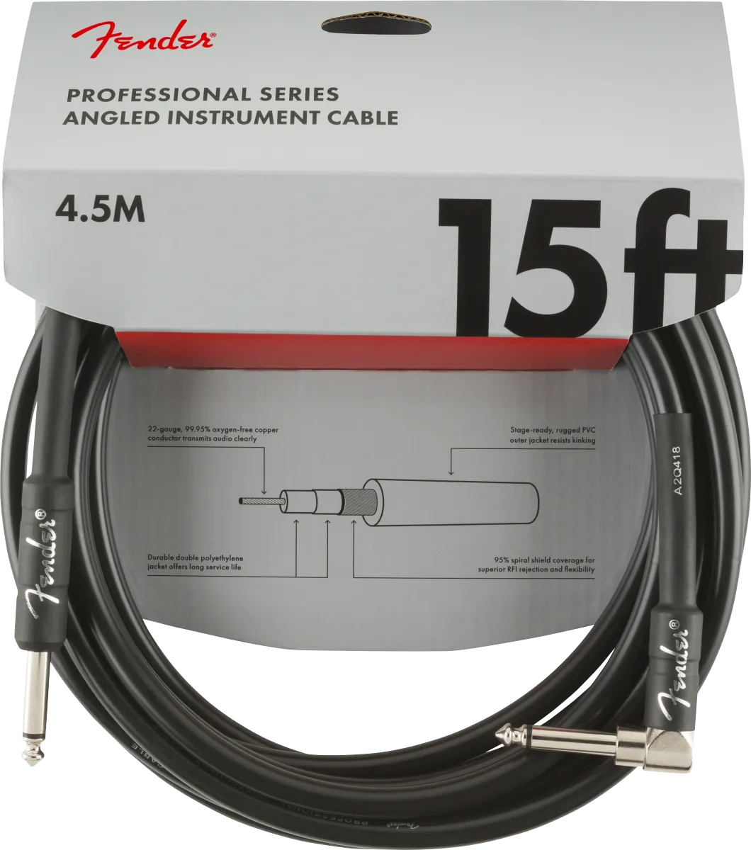 Fender Professional Series Instrument Cable 15ft Straight/Angle Black
