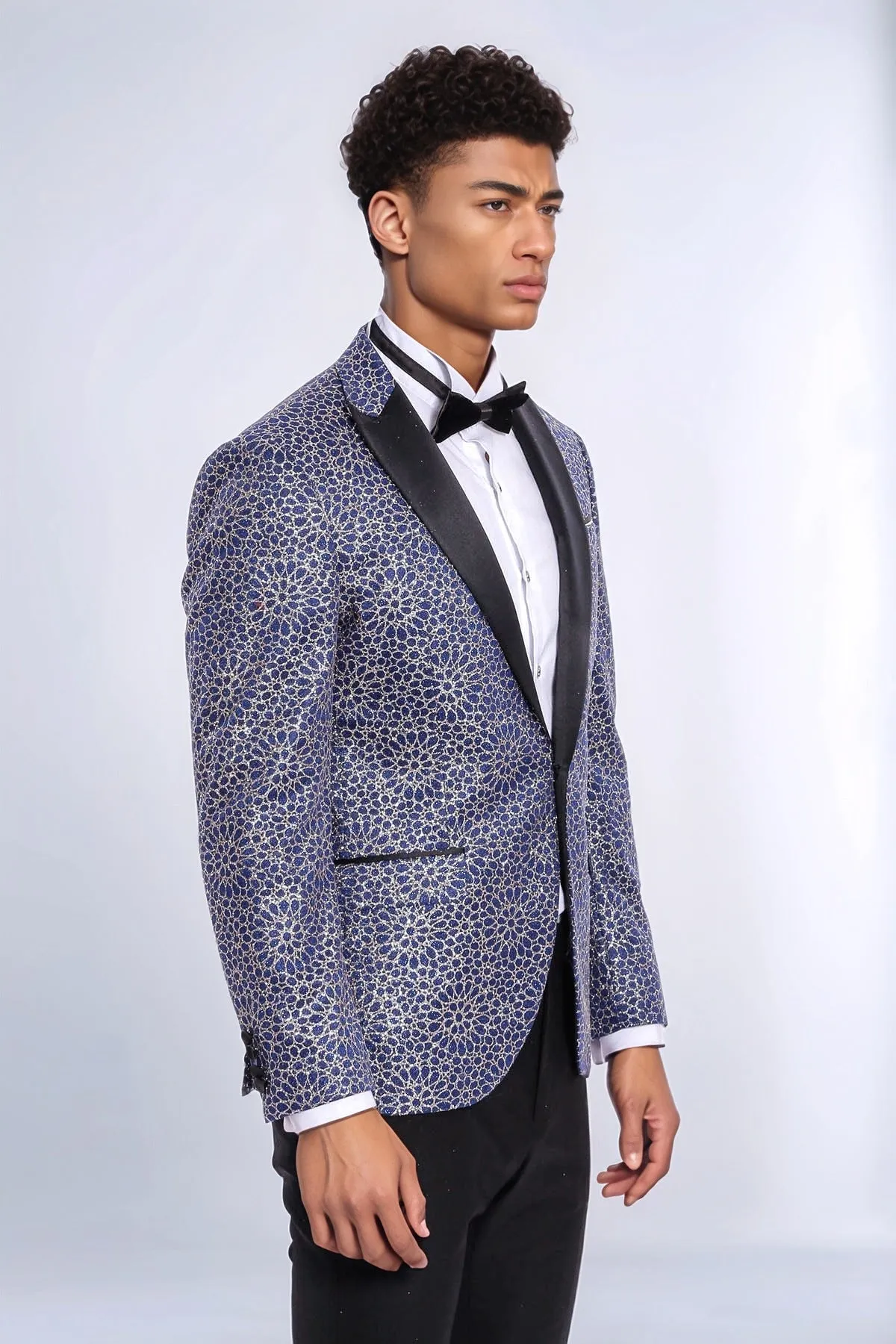 Flower Embroidered Pattern Navy Blue Men Prom Blazer - Wessi