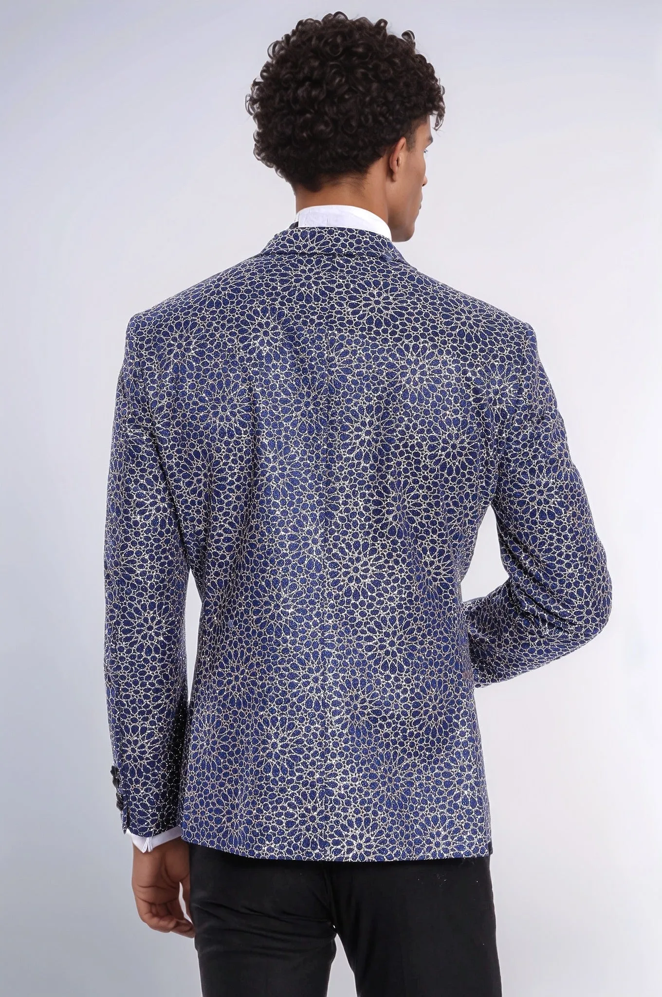 Flower Embroidered Pattern Navy Blue Men Prom Blazer - Wessi