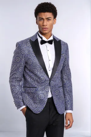 Flower Embroidered Pattern Navy Blue Men Prom Blazer - Wessi