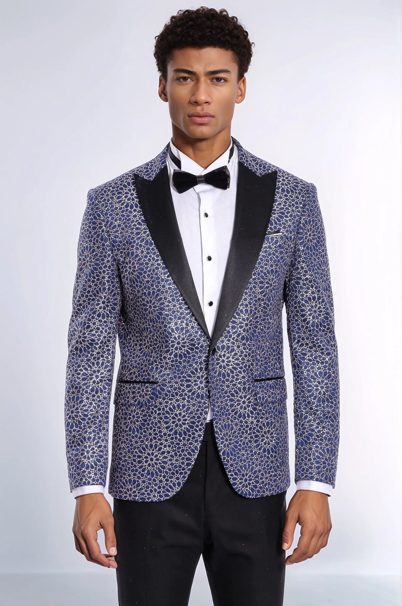 Flower Embroidered Pattern Navy Blue Men Prom Blazer - Wessi
