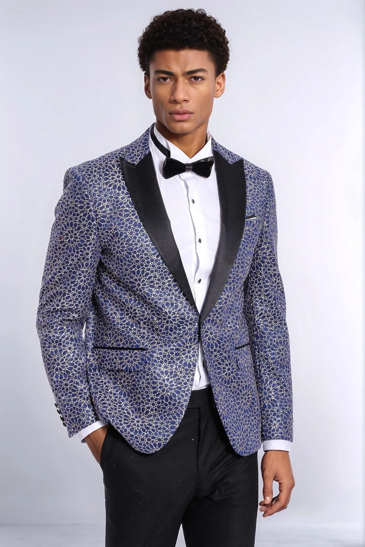 Flower Embroidered Pattern Navy Blue Men Prom Blazer - Wessi