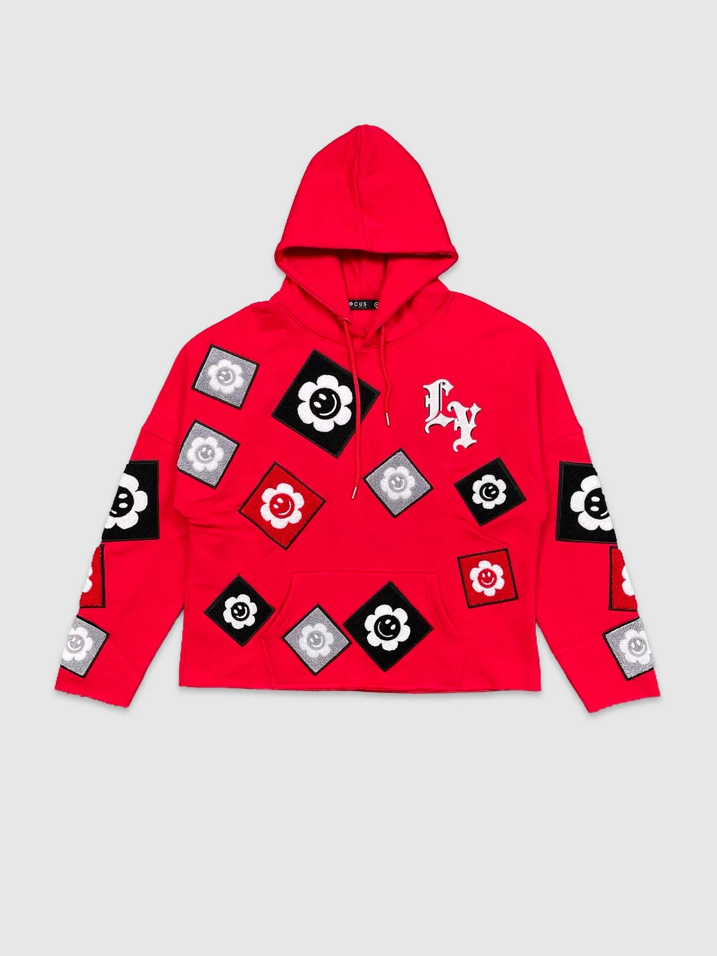 FOC-80679-Chenille Patch Cropped Hoodie