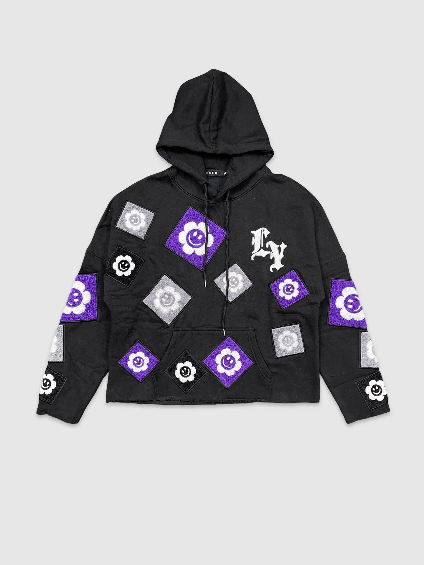 FOC-80679-Chenille Patch Cropped Hoodie