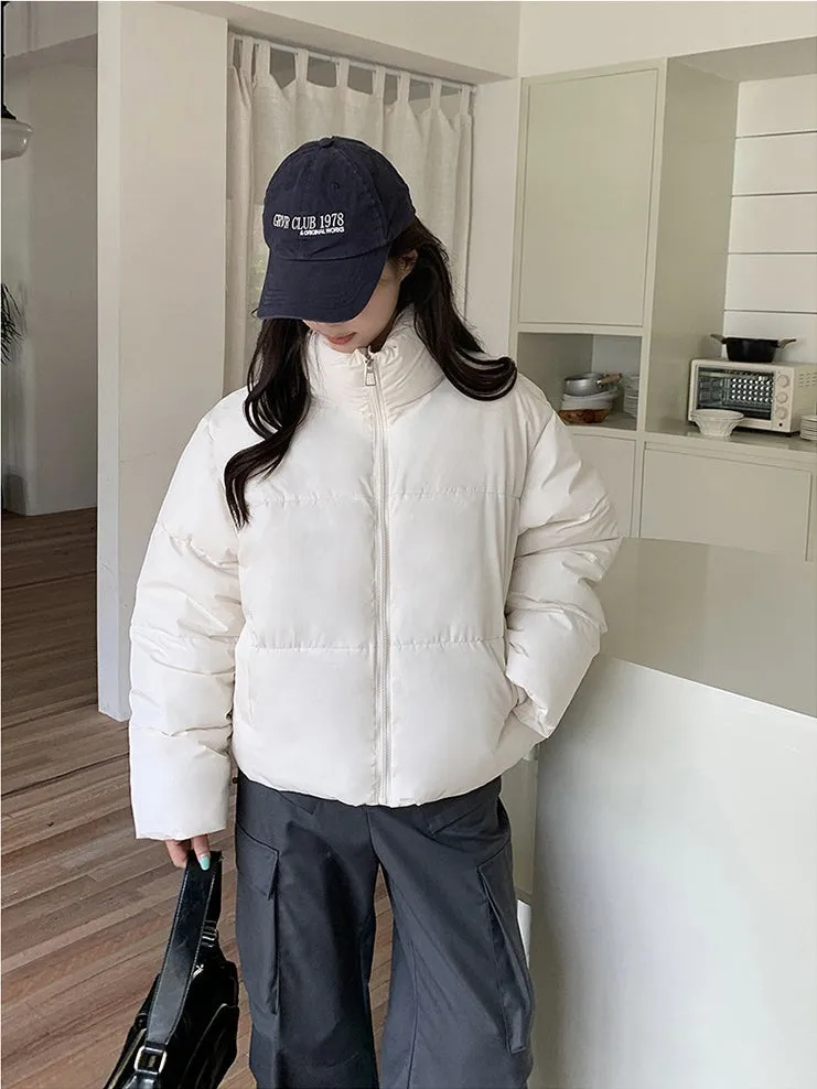 Full Zip Women's Puffer Jacket in Solid Color Stain-resistant and Cozy