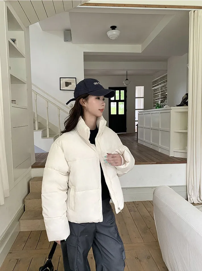 Full Zip Women's Puffer Jacket in Solid Color Stain-resistant and Cozy