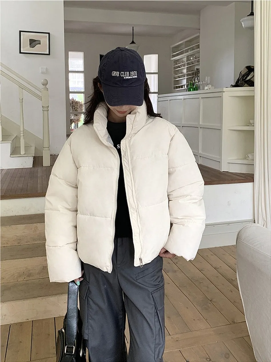 Full Zip Women's Puffer Jacket in Solid Color Stain-resistant and Cozy