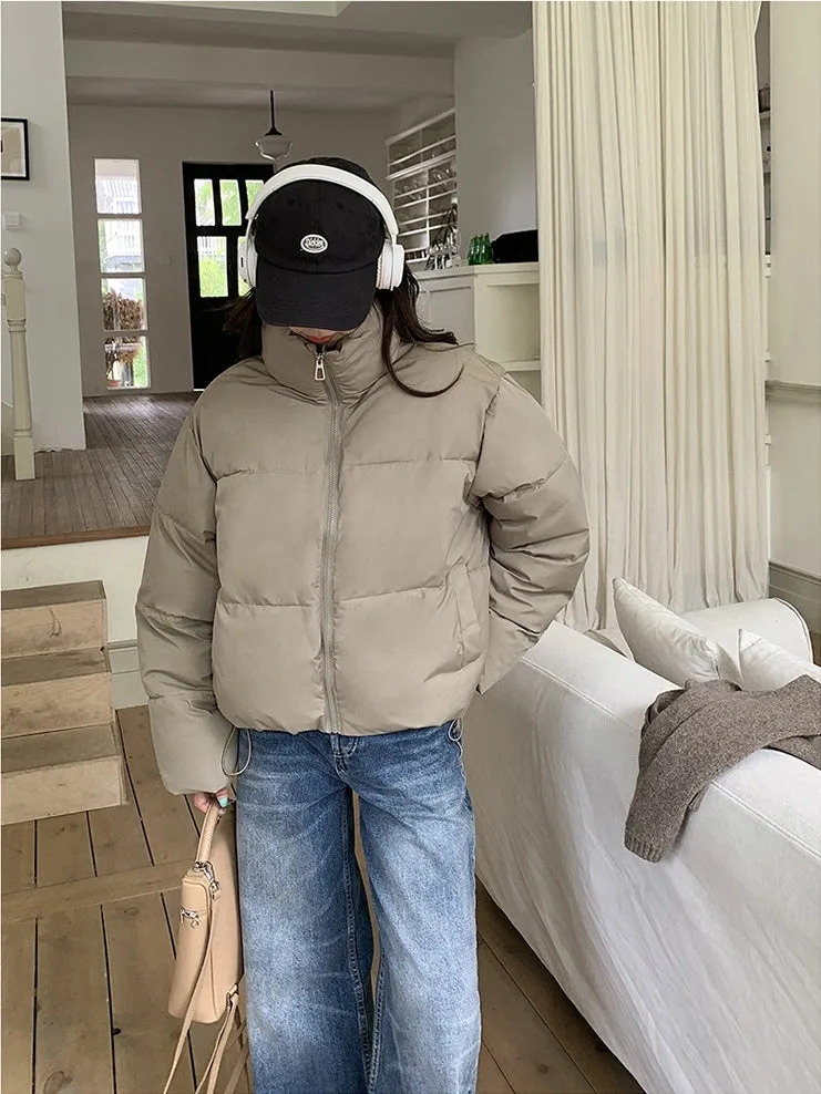 Full Zip Women's Puffer Jacket in Solid Color Stain-resistant and Cozy