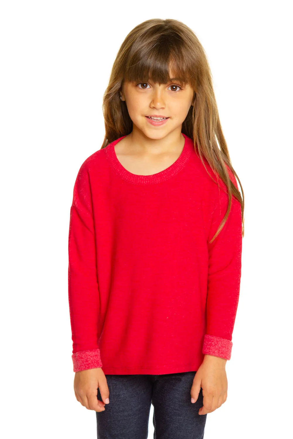Girls Cozy Knit Rolled Long Sleeve Boxy Hi Lo Pullover