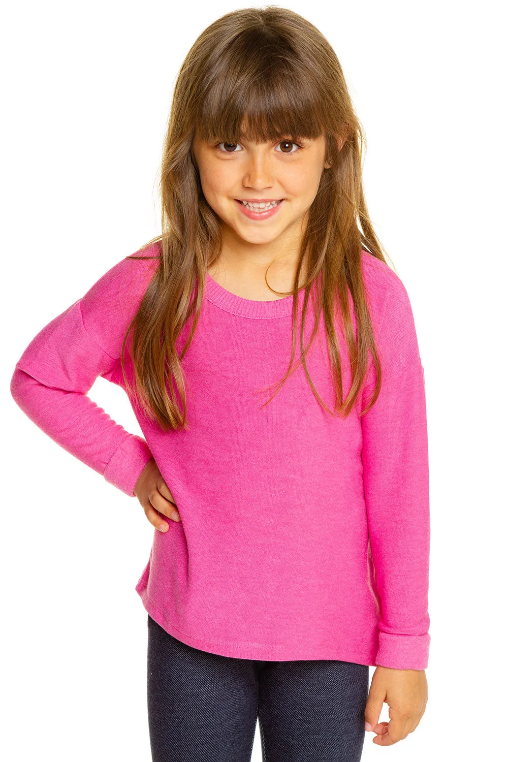Girls Cozy Knit Rolled Long Sleeve Boxy Hi Lo Pullover