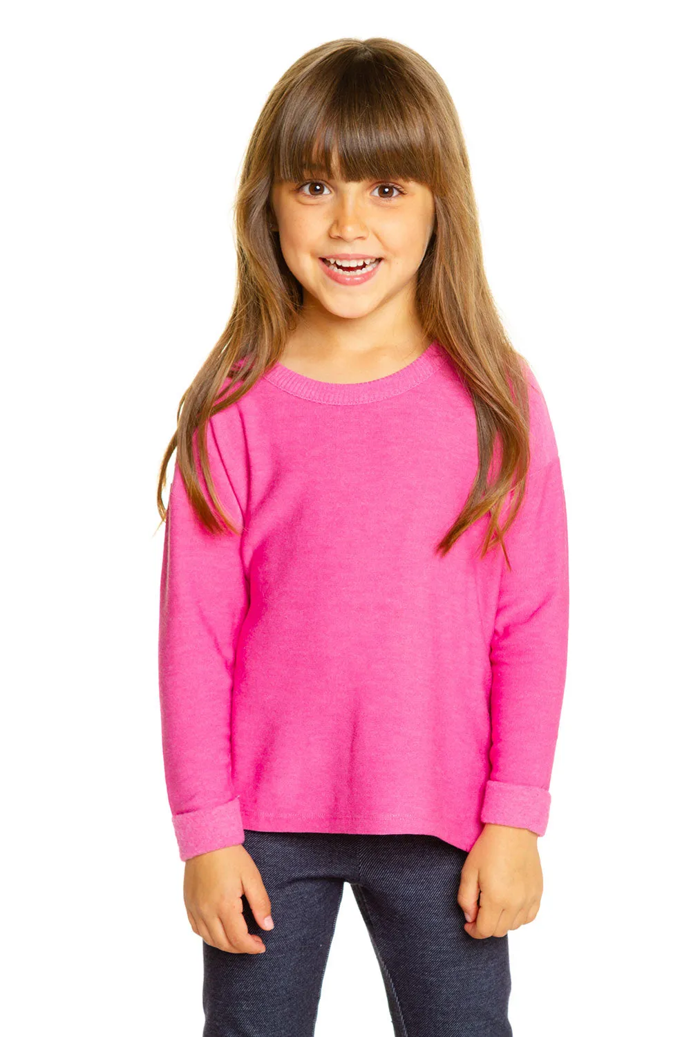 Girls Cozy Knit Rolled Long Sleeve Boxy Hi Lo Pullover