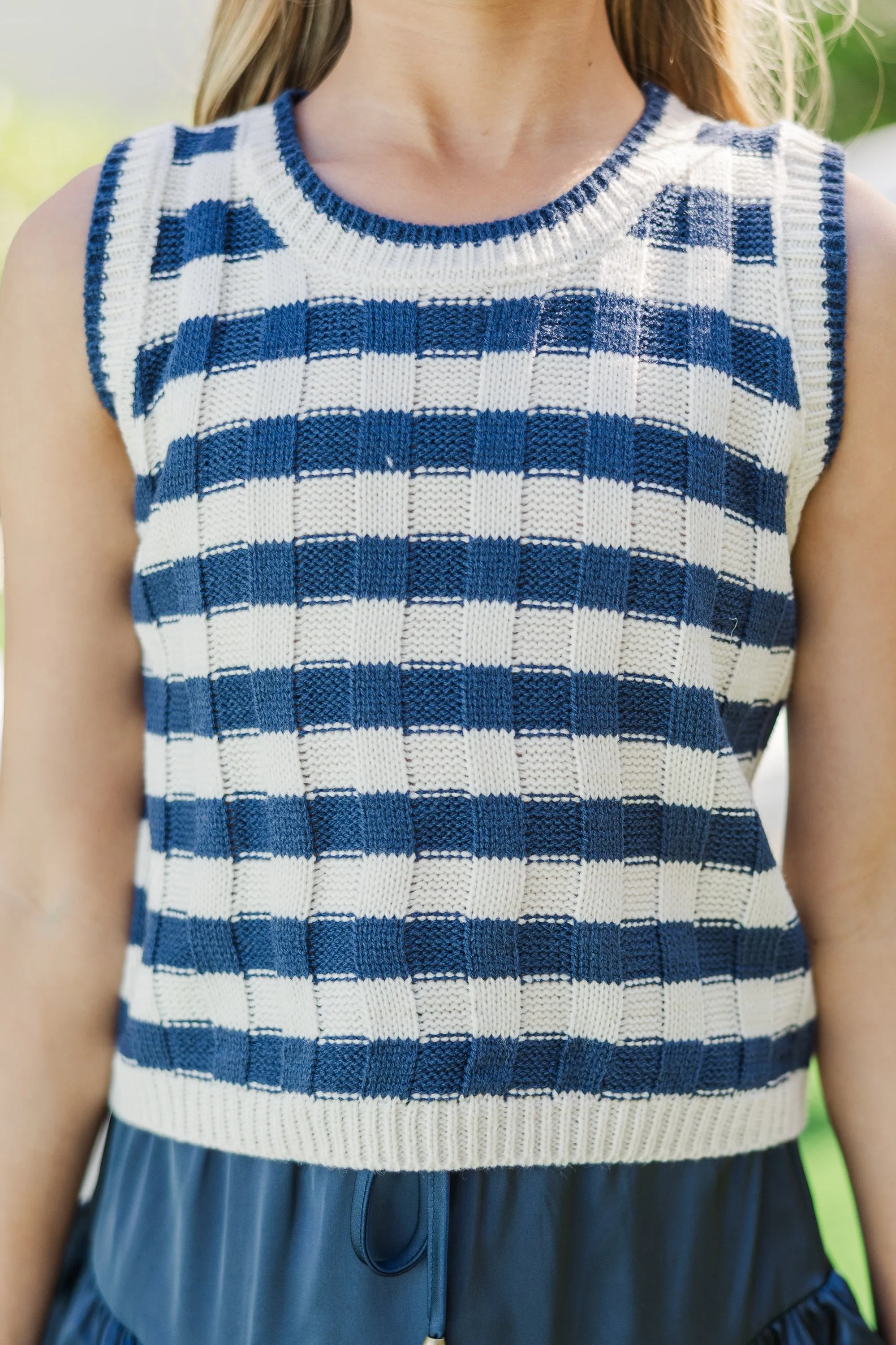Girls: Main Character Navy Blue Striped Knit Tank