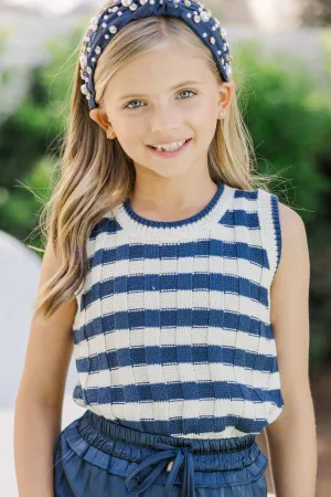 Girls: Main Character Navy Blue Striped Knit Tank