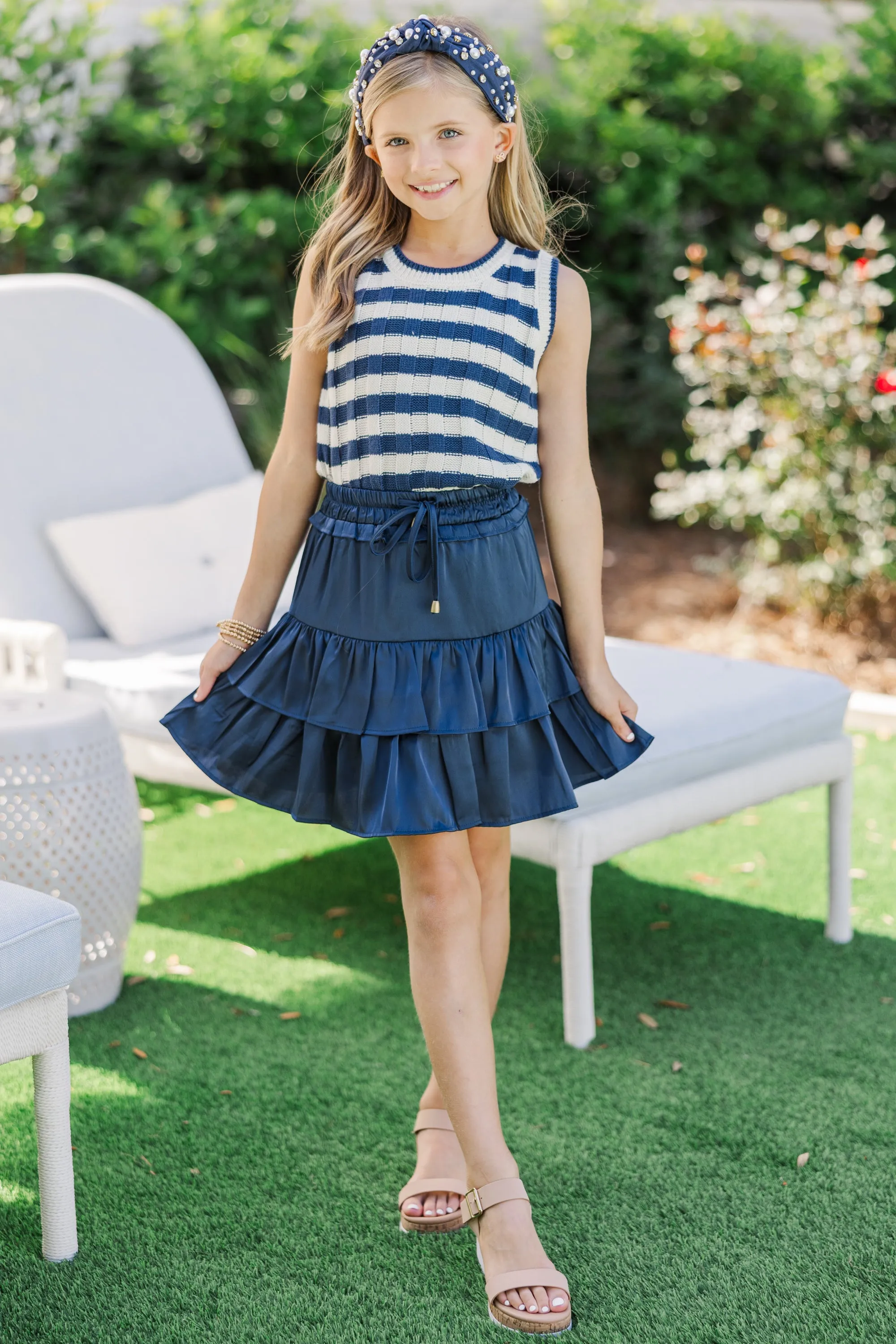 Girls: Main Character Navy Blue Striped Knit Tank