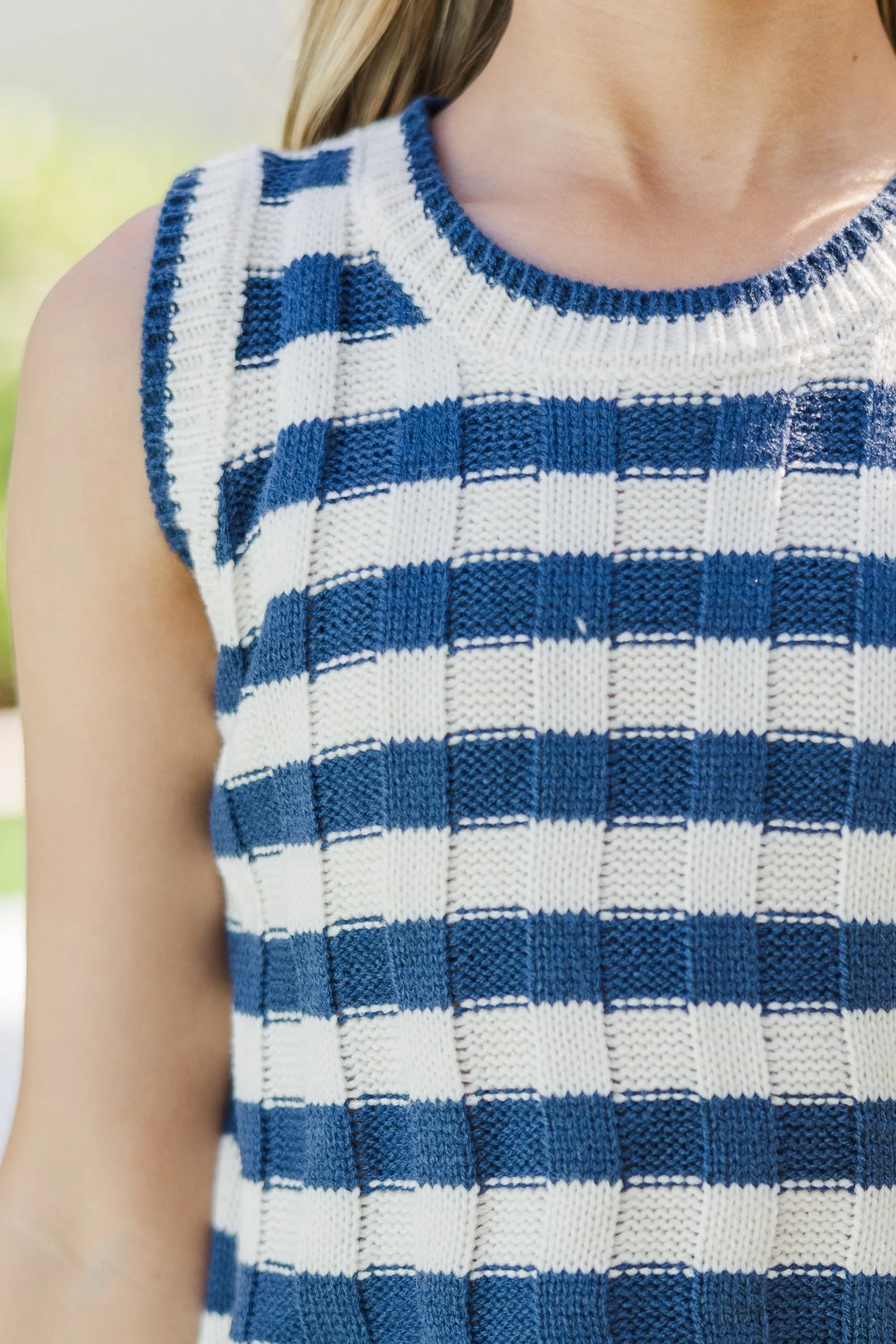 Girls: Main Character Navy Blue Striped Knit Tank